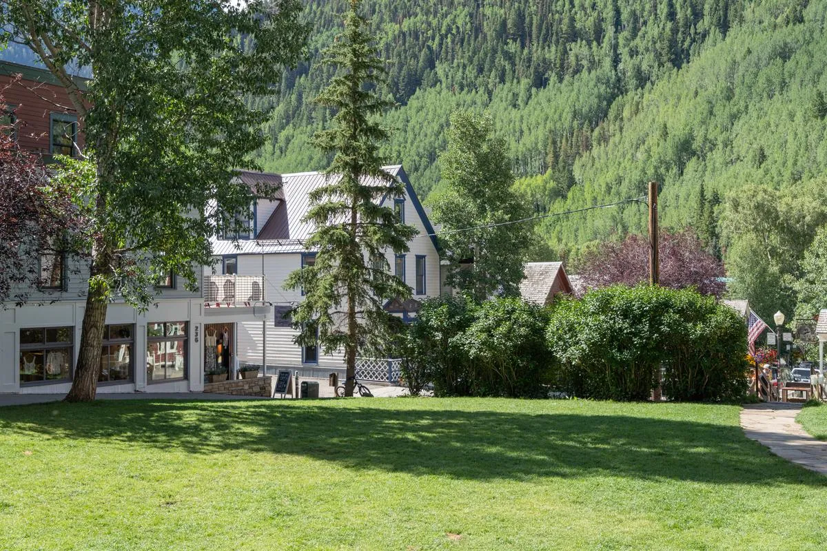 A lush green park scene with tall trees, open pathways, and buildings in the background—people can be imagined walking, shopping, or picnicking, embodying the lively summer atmosphere described in the narrative.